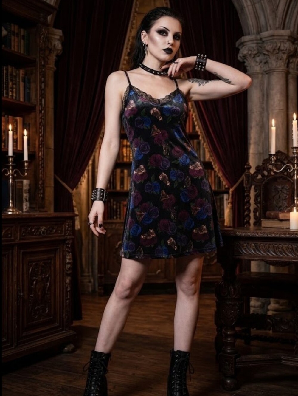 HOT TOPIC Goth Velvet Lolita Skater Dress Butterfly Rose Lace SM